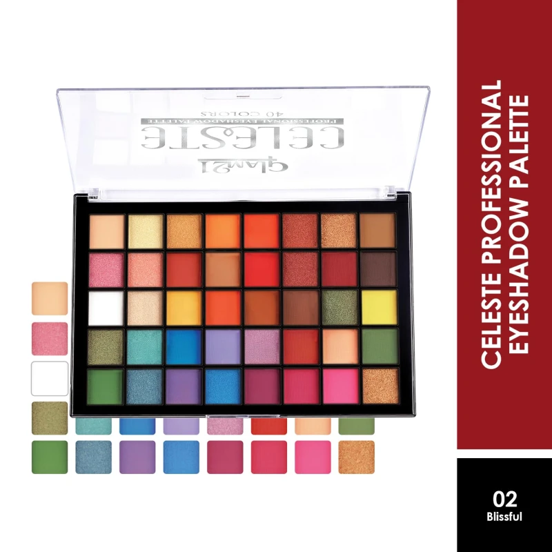 Glam21 Celeste Professional Eyeshadow Palette | All-in-One Eyeshadow Palette & Highly Pigmented | 40 Selected Shades | Matte & Shimmer Shades - 50gm | Blissful-02 Makeup