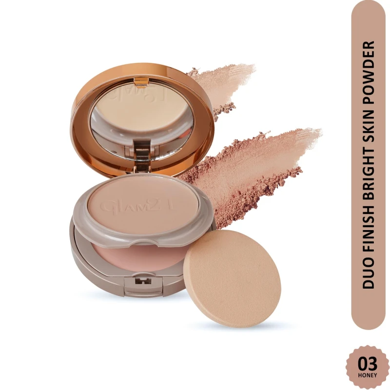 Glam21 Duo Finish 2-in-1 Bright Skin Compact Powder | Smooth Satin Texture | Long-Lasting Matte Finish | Brightening Formula | Suitable for All Skin Types | 18gm, Honey-03
