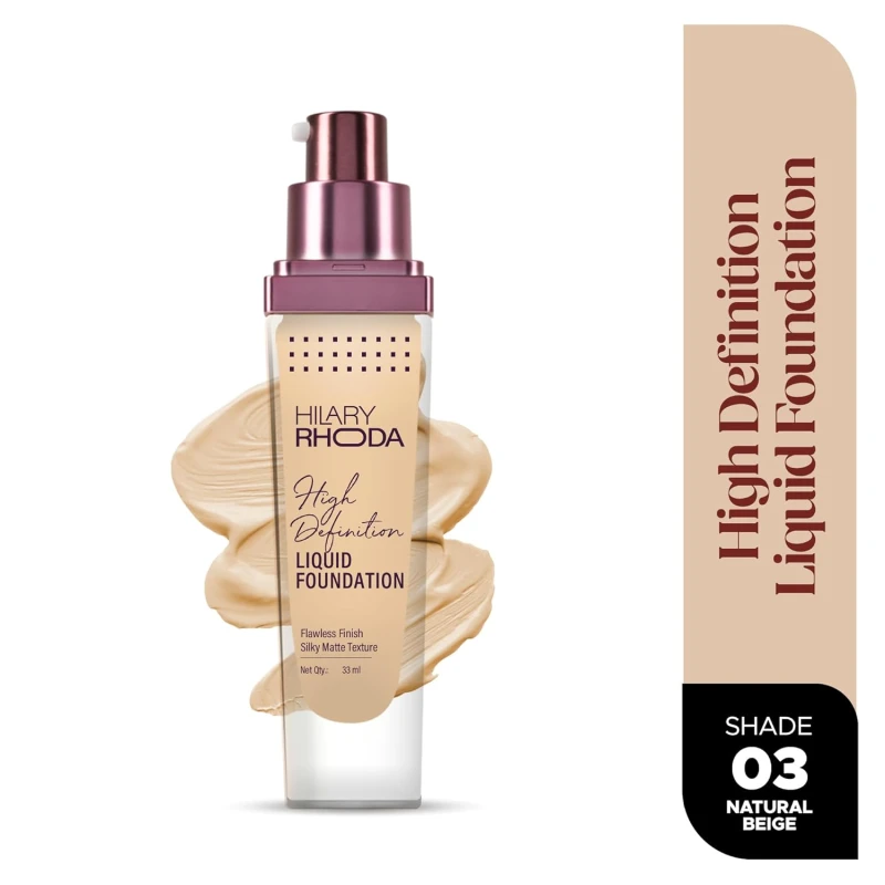 Hilary Rhoda High Definition Foundation for Women | Hides Pores & Blemishes | HD Foundation For All Skin Types | Blendable Formula | Natural & Matte Finish | High Coverage Liquid Foundation - 33ml (Natural Beige - Shade 03)