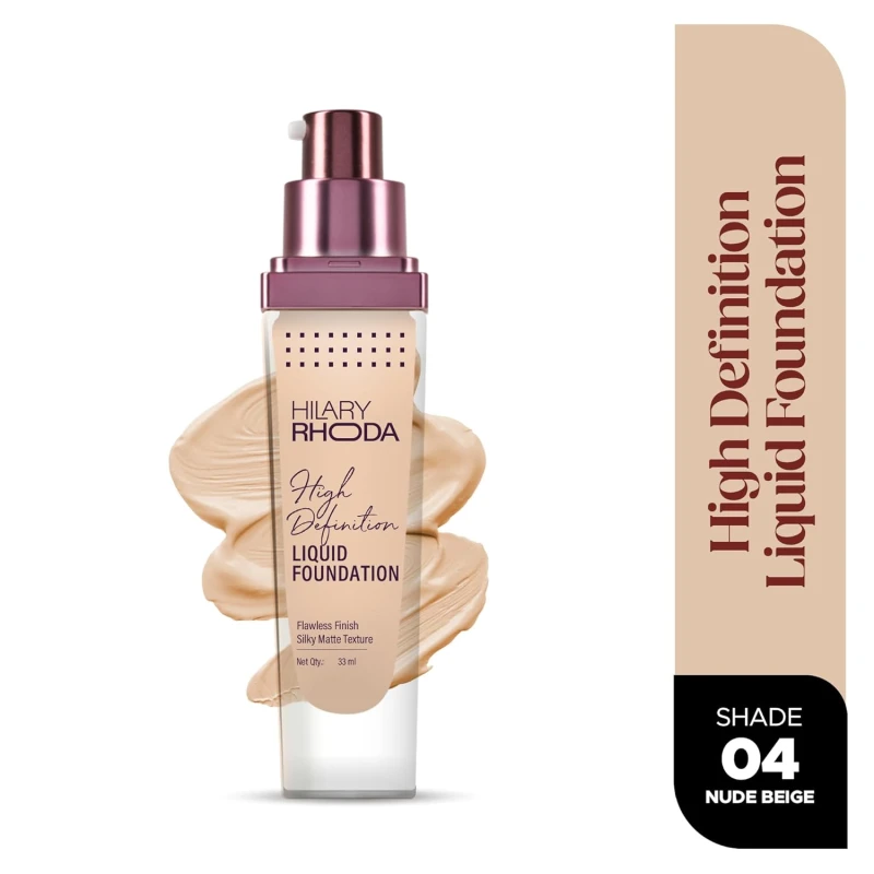 Hilary Rhoda High Definition Foundation for Women | Hides Pores & Blemishes | HD Foundation For All Skin Types | Blendable Formula | Natural & Matte Finish | High Coverage Liquid Foundation - 33ml (Nude Beige - Shade 04)