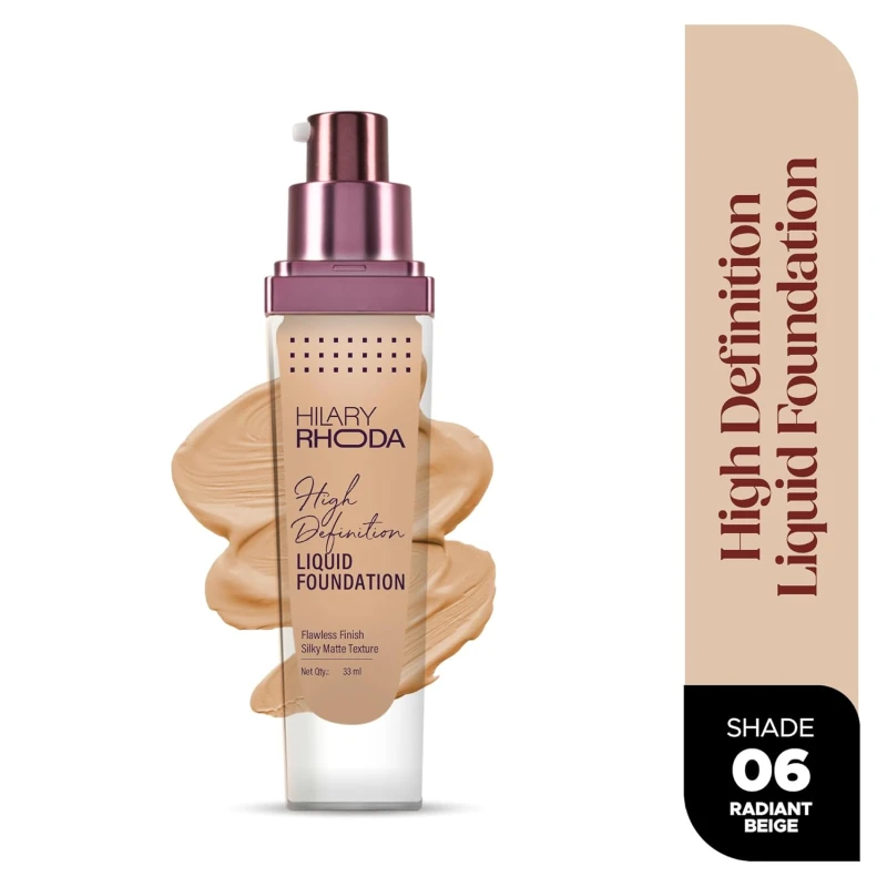 Hilary Rhoda High Definition Foundation for Women | Hides Pores & Blemishes | HD Foundation For All Skin Types | Blendable Formula | Natural & Matte Finish | High Coverage Liquid Foundation - 33ml (Radiant Beige - Shade 06)