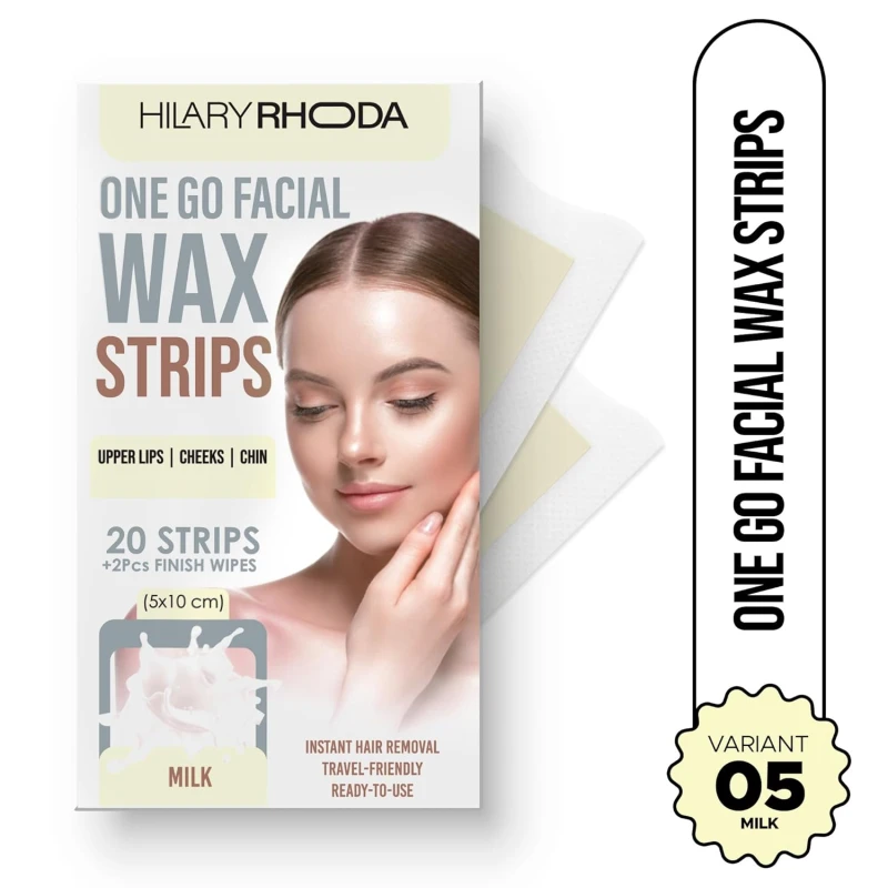 Hilary Rhoda One Go Facial Wax Strips | Ready-To-Use Facial Wax Strips | Face, Cheek, Upper Lip & Chin Facial Wax | Painless Hair Removal | With 2 Finish Wipes | 20 Strips (Milk - Shade 05) Makeup