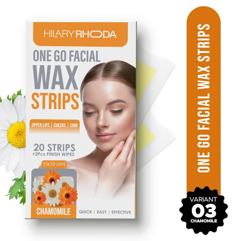 Hilary Rhoda Women One Go Facial Wax Strips | Chamomile Extract | Ready-to-Use for Upper Lip, Chin & Cheeks | Hair Removal Strips with 2 Wipes | Painless, Quick & Gentle Waxing | 20 Strips Makeup