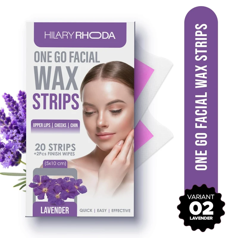 Hilary Rhoda Women One Go Facial Wax Strips | Lavender Extract | Ready-to-Use for Upper Lip, Chin & Cheeks | Hair Removal Strips with 2 Wipes | Painless, Quick & Gentle Waxing | 20 Strips Makeup