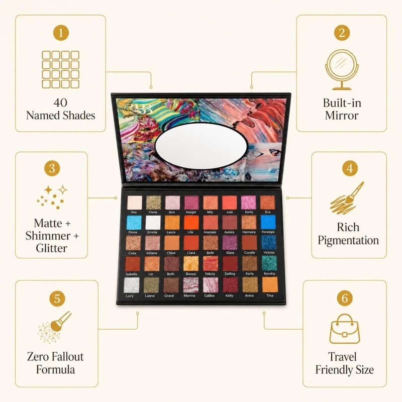 Beauty Berry 40 Fashion Eyeshadow Palette for Professional Makeup | 40 Highly Pigmented Matte, Shimmer &amp; Glitter Shades with Mirror | Long Lasting Eye Makeup Kit for Women - Thumbnail 5