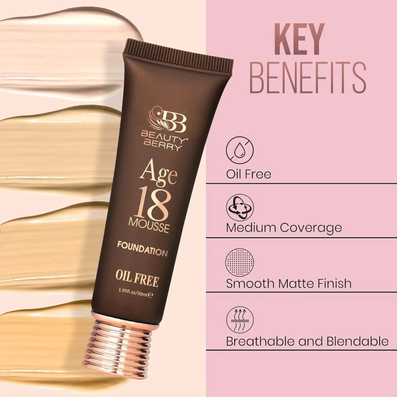 Beauty Berry Age 18 Mousse Foundation for Women – Oil Free Matte Finish Mousse Foundation with SPF 15 | Lightweight Medium Coverage Long Lasting Blendable Face Makeup | 30ml (Shade 03) thumbnail 4