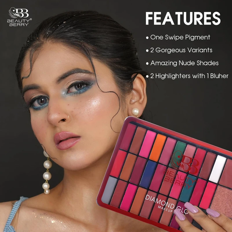Beauty Berry Diamond Glow Makeup and Eyeshadow Kit | 30 Highly Pigmented Matte Eyeshadows with 2 Highlighters and 1 Blusher | Easily Blendable &amp; Long Wearing Eyeshadow Palette (Shade - 01) thumbnail 3
