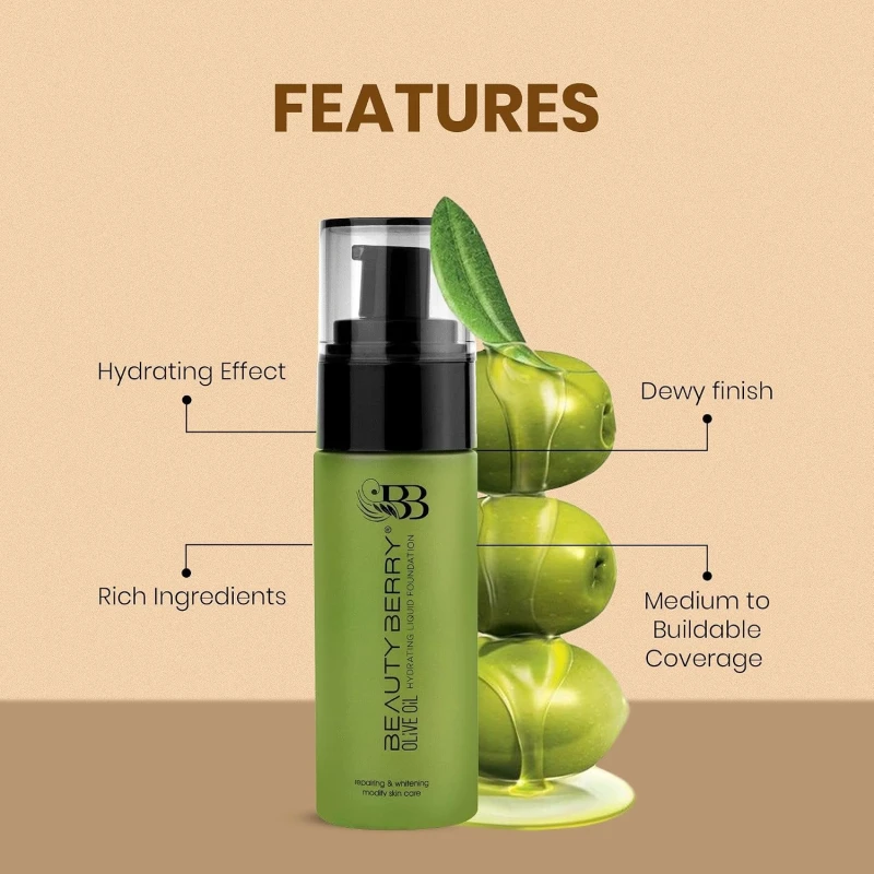 Beauty Berry Olive Oil Hydrating Liquid Foundation for Women – Dewy Finish Nourishing Foundation with Olive Oil | Medium Buildable Coverage Skin Perfecting Makeup for Dry Skin | 30ml (Medium Beige) thumbnail 5