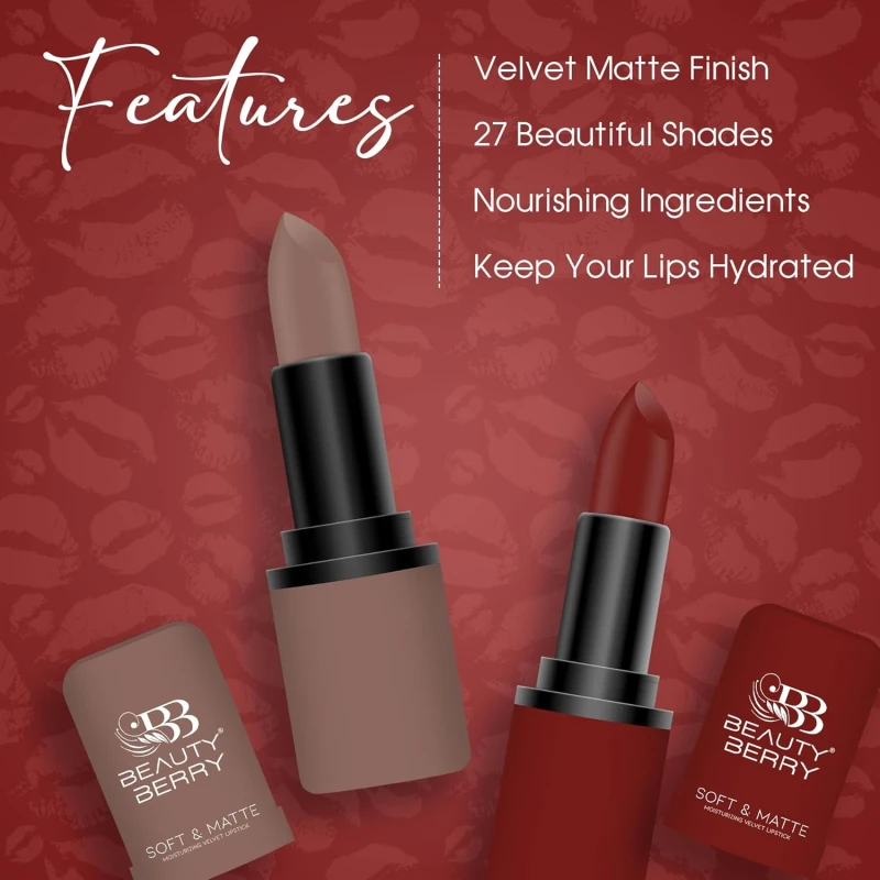 Beauty Berry Soft &amp; Matte Lipstick | Moisturizing &amp; Non Drying Formula with Velvet Matte Finish | Highly Pigmented and Lightweight Lipstick for Women (Raisin, 4g) - Thumbnail 4