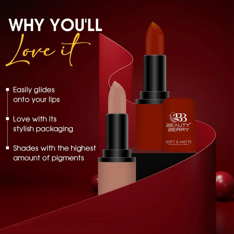Beauty Berry Soft &amp; Matte Lipstick | Moisturizing &amp; Non Drying Formula with Velvet Matte Finish | Highly Pigmented and Lightweight Lipstick for Women (Raisin, 4g) - Thumbnail 5