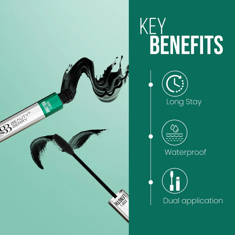 Beauty Berry Twin Turbo Volumizing and Lengthening Mascara – Black, 15ml | Long Lasting, Lightweight, Quick Drying, Smudge Proof &amp; Waterproof | 2-in-1 Mascara for Women (15ml) - Thumbnail 3