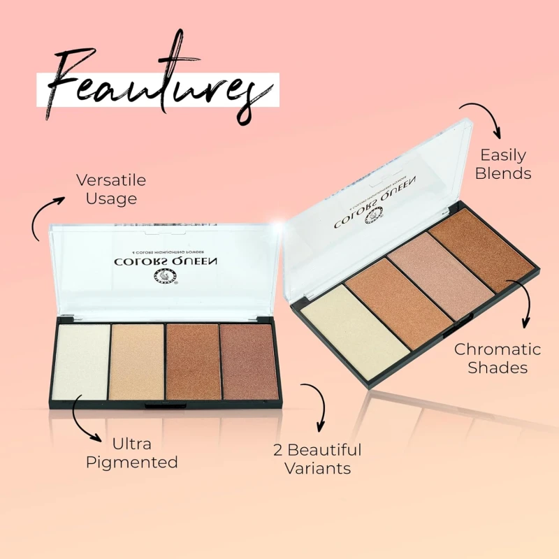 Colors Queen 4 Colors Highlighting Powder with Highlighter, Blush, Blush Topper &amp; Eyeshadow | Easily Blendable | Highly Pigmented Highlighter Palette for Face Makeup (Shade - 01, 32g) thumbnail 4