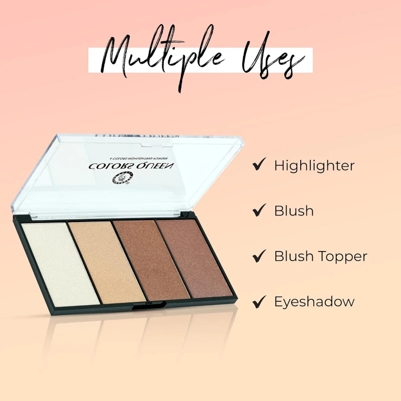 Colors Queen 4 Colors Highlighting Powder with Highlighter, Blush, Blush Topper &amp; Eyeshadow | Easily Blendable | Highly Pigmented Highlighter Palette for Face Makeup (Shade - 02, 32g) thumbnail 6