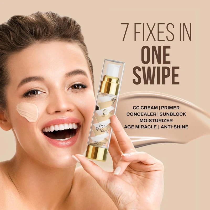 Colors Queen 7 in 1 Total Repair Liquid Foundation | Full Coverage, Oil Free Foundation Comes with Primer, Concealer, Moisturizer, CC Cream for Smooth and Radiant Skin | For Face Makeup (02 - Beige, 50g) - Thumbnail 2