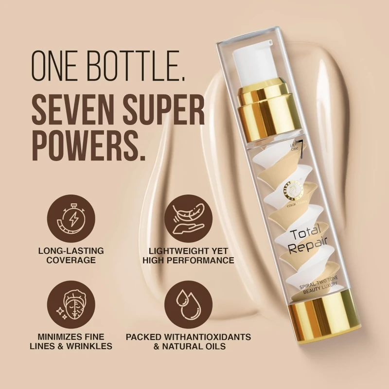 Colors Queen 7 in 1 Total Repair Liquid Foundation | Full Coverage, Oil Free Foundation Comes with Primer, Concealer, Moisturizer, CC Cream for Smooth and Radiant Skin | For Face Makeup (02 - Beige, 50g) - Thumbnail 3