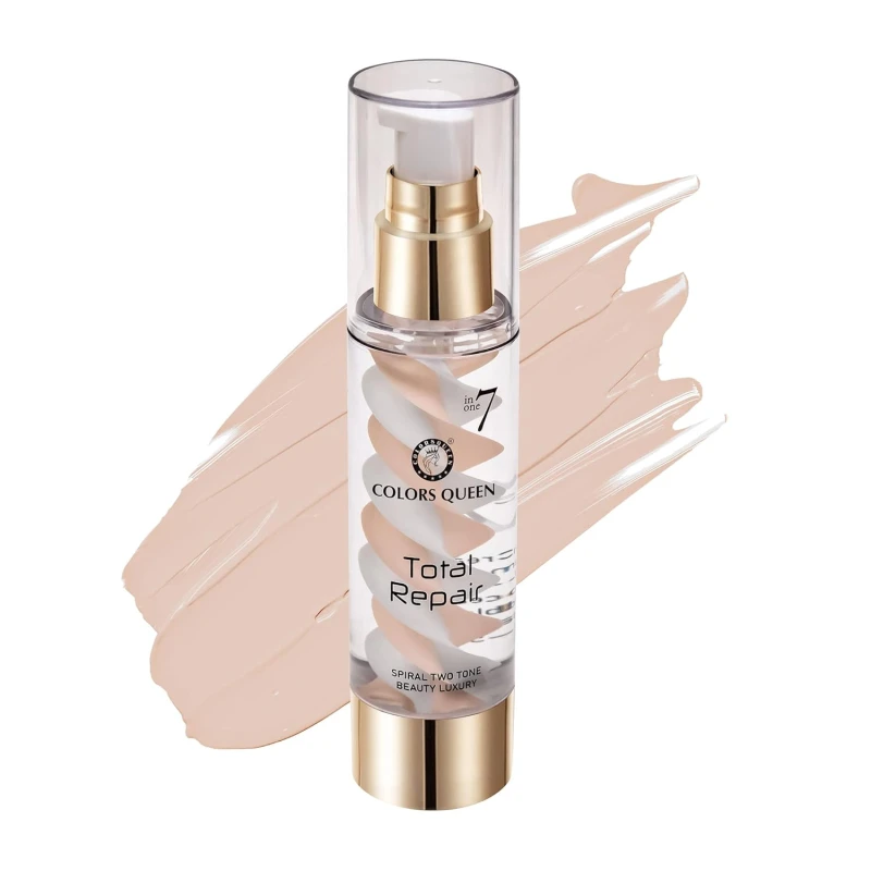 Colors Queen 7 in 1 Total Repair Liquid Foundation | Full Coverage, Oil Free Foundation Comes with Primer, Concealer, Moisturizer, CC Cream for Smooth and Radiant Skin | For Face Makeup (02 - Beige, 50g) - Thumbnail 7