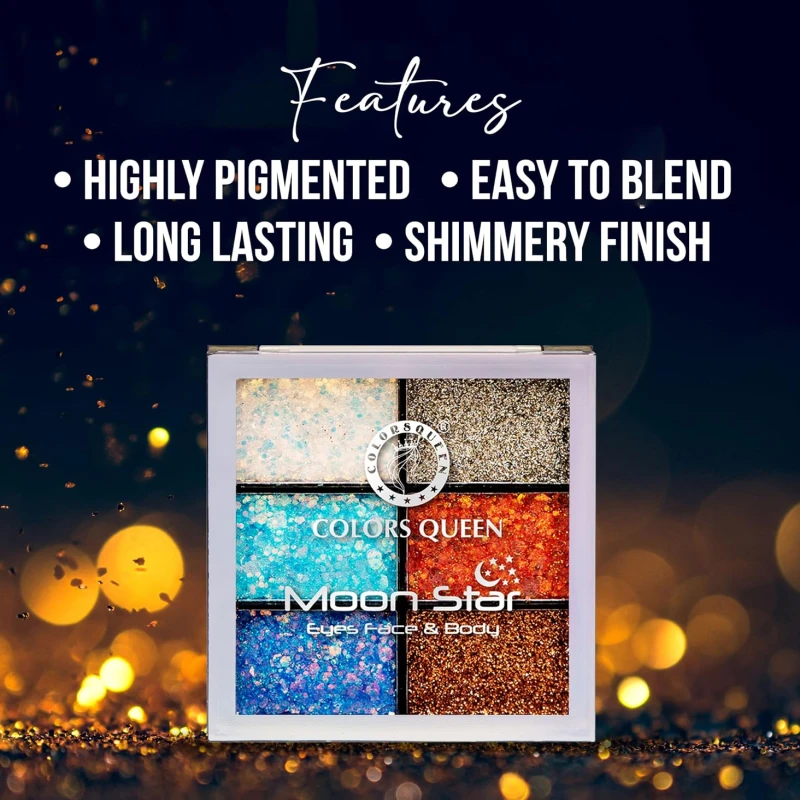 Colors Queen Moon Star 6 Color Glitter Eyeshadow Palette | Shimmery Finish Highly Sparkle Glitter Eyeshadow Palette | Long Lasting Eye Makeup Palette (Shade - 02) thumbnail 4
