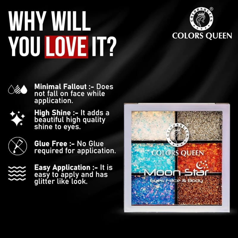 Colors Queen Moon Star 6 Color Glitter Eyeshadow Palette | Shimmery Finish Highly Sparkle Glitter Eyeshadow Palette | Long Lasting Eye Makeup Palette (Shade - 02) thumbnail 5
