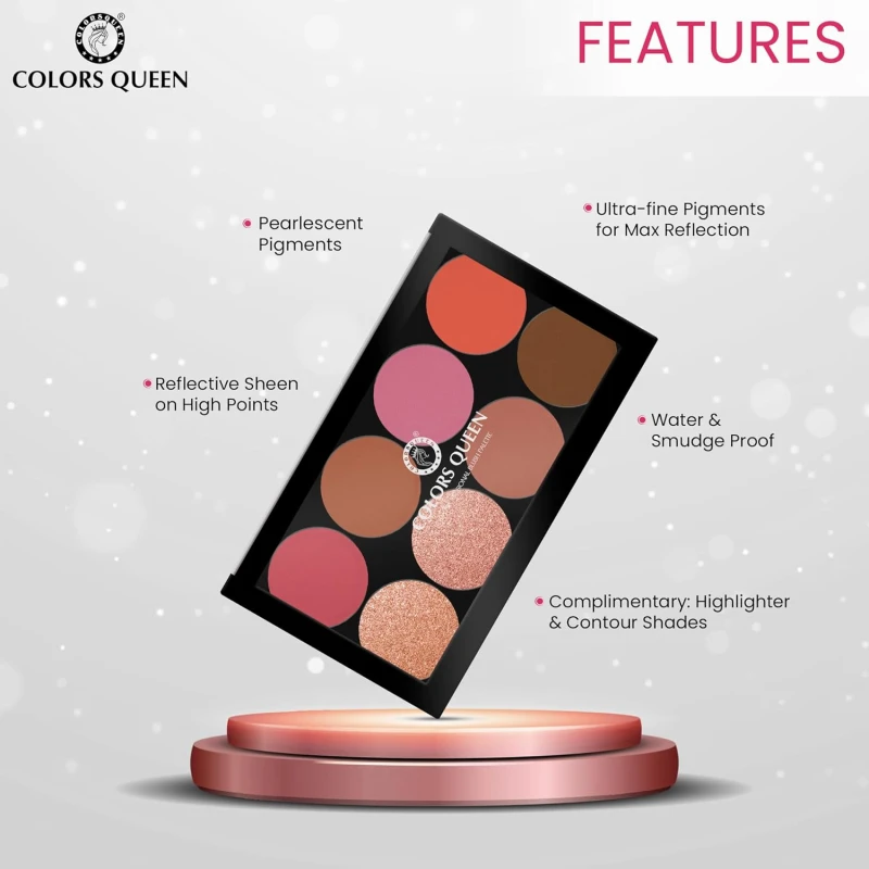 Colors Queen Ultra Professional Blush Palette with Shimmer Highlighters and Contour | Highly Pigmented &amp; Easy to Blendable Shades | Lightweight Blush and Highlighter Palette (Shade - 01) - Thumbnail 4