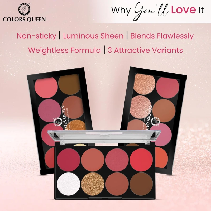 Colors Queen Ultra Professional Blush Palette with Shimmer Highlighters and Contour | Highly Pigmented &amp; Easy to Blendable Shades | Lightweight Blush and Highlighter Palette (Shade - 02) - Thumbnail 4