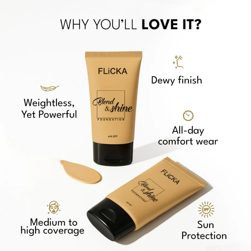 FLiCKA Blend and Shine Liquid Foundation for Face Makeup 30ml | Medium to High Coverage | Vitamin E, Avocado Oil &amp; SPF | Moisturizing, Lightweight, Waterproof | All Skin Types | 03 Caramel thumbnail 5