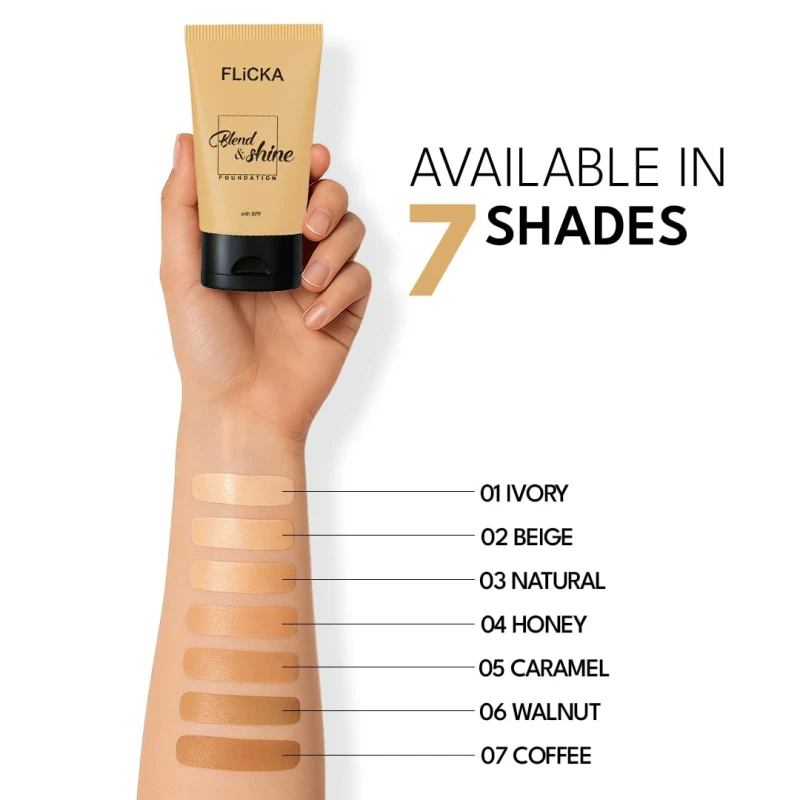 FLiCKA Blend and Shine Liquid Foundation for Face Makeup 30ml | Medium to High Coverage | Vitamin E, Avocado Oil &amp; SPF | Moisturizing, Lightweight, Waterproof | All Skin Types | 05 Coffee thumbnail 8