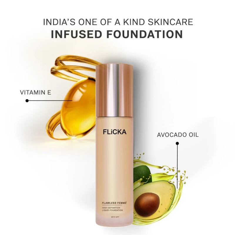 FLiCKA Flawless Femme Liquid Foundation for Face Makeup 30ml | Medium to High Coverage, Buildable | Natural, Waterproof &amp; Moisturizing | All Skin Types | 07 Walnut thumbnail 5