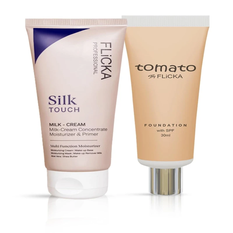 FLiCKA Makeup Kit | Tomato Liquid Foundaion 30ML (Caramel) | 3 In 1 Silk Touch Primer Moisturiser and SPF (Sun Protection Formula) 60ML | Make up Combos thumbnail 2