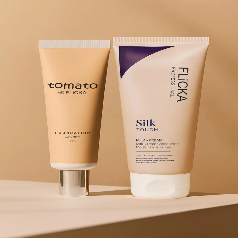 FLiCKA Makeup Kit | Tomato Liquid Foundaion 30ML (Caramel) | 3 In 1 Silk Touch Primer Moisturiser and SPF (Sun Protection Formula) 60ML | Make up Combos thumbnail 3