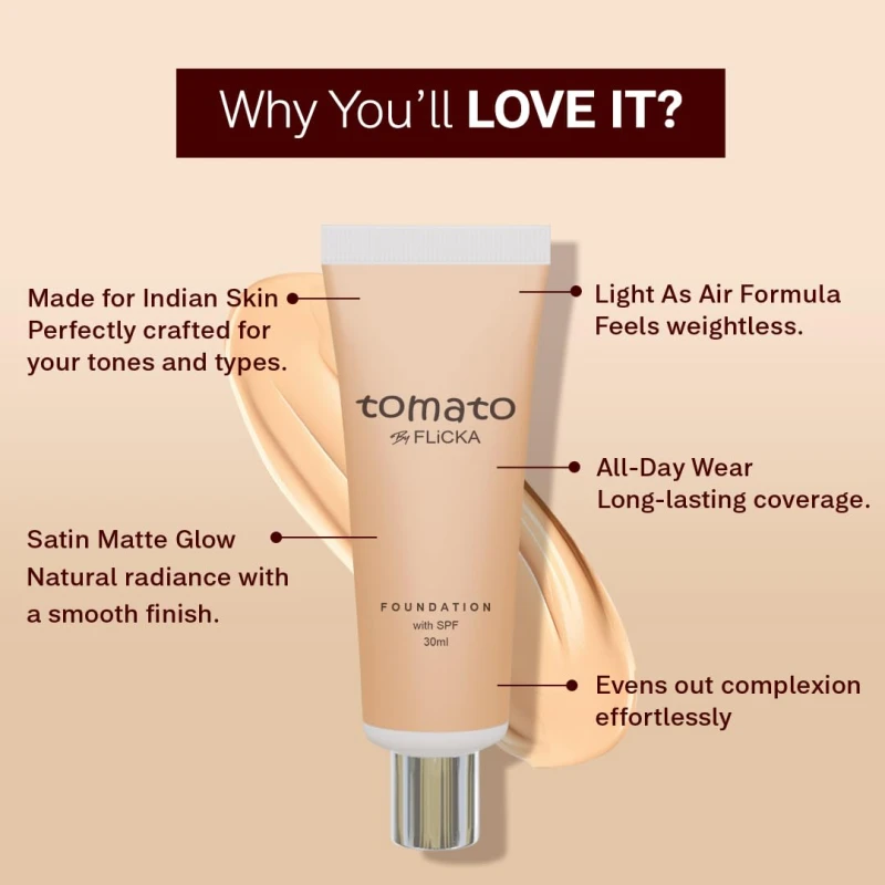 FLiCKA Tomato Liquid Foundation for Face Makeup 30ml | Light to Medium to Buildable Coverage | Moisturizing, Lightweight &amp; Long Lasting | All Skin Types | 01 Ivory thumbnail 5