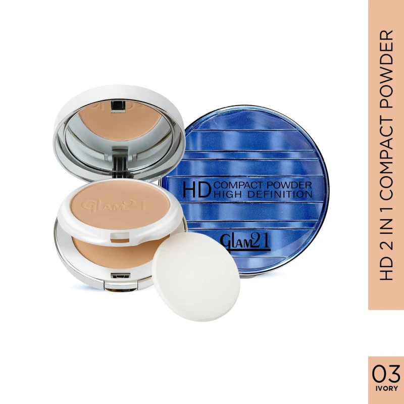 Glam21 “2 In 1” HD Compact Powder | Oil-Free Formula | 12 Hrs Long-Lasting Freshness | Natural Matte Finish | Smooth, Lightweight &amp; Buildable Coverage for Daily Face Makeup, 18gm- Ivory -03 thumbnail 2