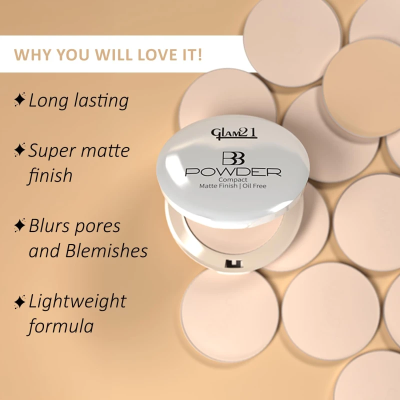 Glam21 BB Powder 2-in-1 Compact Powder Matte Finish &amp; Oil Free | Matte &amp; Shimmer Shades | Instant Weightless Finish Look | Long-lasting | Poreless Soft Skin | 20gm, Light-01 - Thumbnail 4