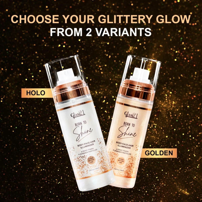 Glam21 Born to Shine Long-Lasting Illuminiser | Non-Transferable | Dewy Finish with Holographic Shimmer Particles | Multi-Use for Hair, Body &amp; Face | Holo | 100ml - Thumbnail 3