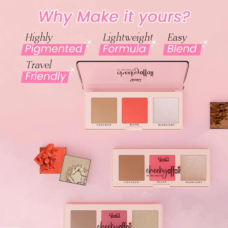Glam21 Cheeky Affair The Face Palette |Multipurpose Palette 3 In 1 Contour, Blush &amp;amp; Highlight Palette |Long-Lasting Formula | Waterproof | Sweatproof | Sunset-8.6Gm thumbnail 3
