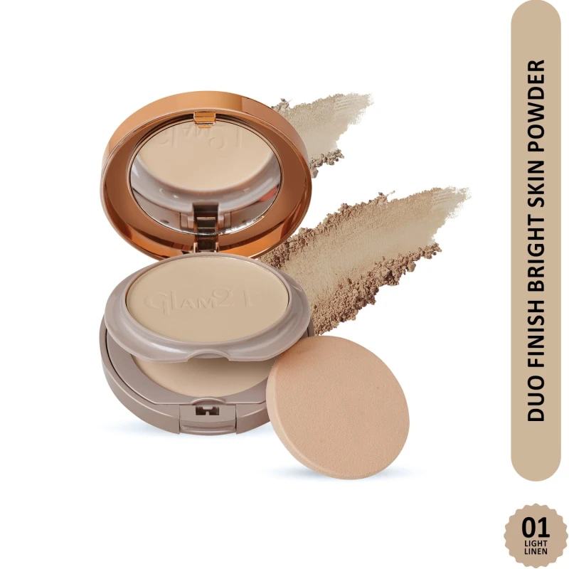 Glam21 Duo Finish 2-in-1 Bright Skin Compact Powder | Smooth Satin Texture | Long-Lasting Matte Finish | Brightening Formula | Suitable for All Skin Types, 18gm- Light Linen-01 - Thumbnail 2