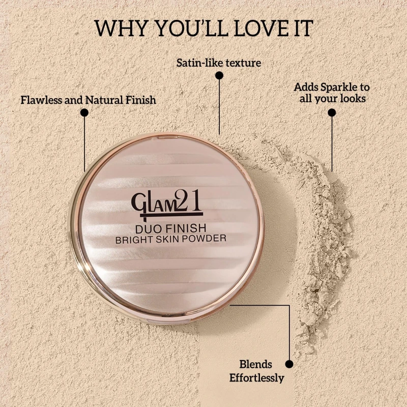 Glam21 Duo Finish 2-in-1 Bright Skin Compact Powder | Smooth Satin Texture | Long-Lasting Matte Finish | Brightening Formula | Suitable for All Skin Types, 18gm- Light Linen-01 - Thumbnail 3