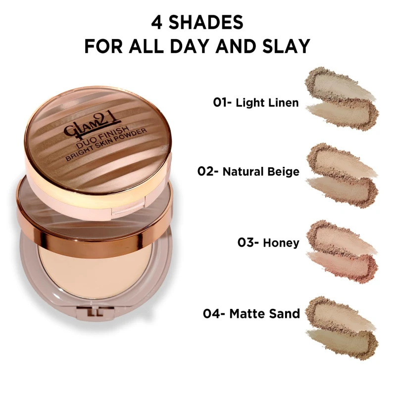Glam21 Duo Finish 2-in-1 Bright Skin Compact Powder | Smooth Satin Texture | Long-Lasting Matte Finish | Brightening Formula | Suitable for All Skin Types, 18gm- Light Linen-01 - Thumbnail 8