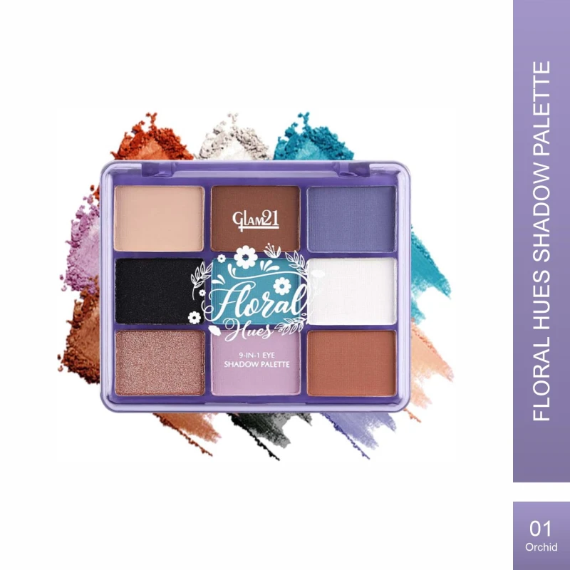Glam21 Floral Hues 9 In 1 Eyeshadow Palette | Highly Pigmented | Easy To Carry | Super-Blendable | Mix of Matte and Shimmers Smudge-Proof (7.2 gm) | 01- Orchid - Thumbnail 2