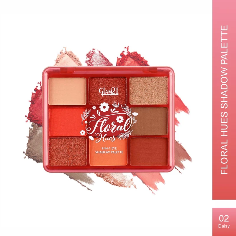 Glam21 Floral Hues 9 In 1 Eyeshadow Palette | Highly Pigmented | Easy To Carry | Super-Blendable | Mix of Matte and Shimmers Smudge-Proof (7.2 gm) | 02- Daisy - Thumbnail 2