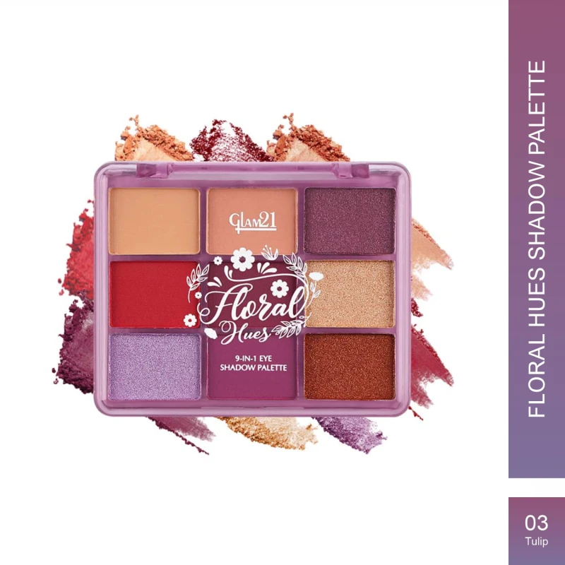 Glam21 Floral Hues 9 In 1 Eyeshadow Palette | Highly Pigmented | Easy To Carry | Super-Blendable | Mix of Matte and Shimmers Smudge-Proof (7.2 gm) | 03- Tulip thumbnail 2