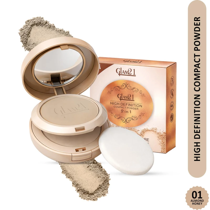 Glam21 High Definition Compact Powder 2-in-1 | Smooth Satin Texture | Long-Lasting Matte Finish | Oil-Control &amp; Buildable Coverage | Suitable for All Skin Types | 18gm, Almond Honey-01 - Thumbnail 2