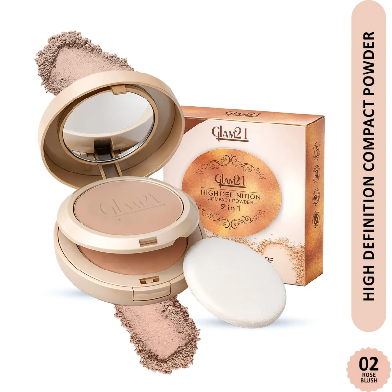 Glam21 High Definition Compact Powder 2-in-1 | Smooth Satin Texture | Long-Lasting Matte Finish | Oil-Control &amp; Buildable Coverage | Suitable for All Skin Types | 18gm | Rose Blush-02 thumbnail 2