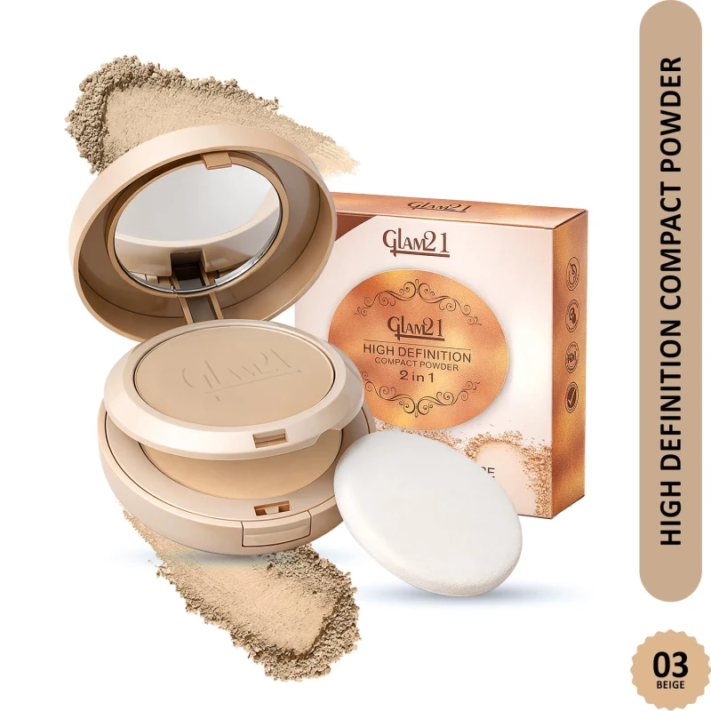 Glam21 High Definition Compact Powder 2-in-1 | Smooth Satin Texture | Long-Lasting Matte Finish | Oil-Control &amp; Buildable Coverage | Suitable for All Skin Types| 18gm,Beige-03 thumbnail 2