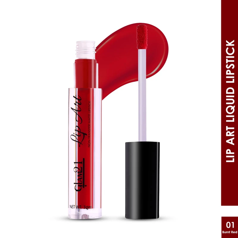 Glam21 Lip Art Non-Transfer Matte Liquid Lipstick | Lightweight, Long-Lasting | Waterproof &amp; Smudge-Proof Lip Colour | Intense Pigment | 3gm -Burnt Red-01 - Thumbnail 2