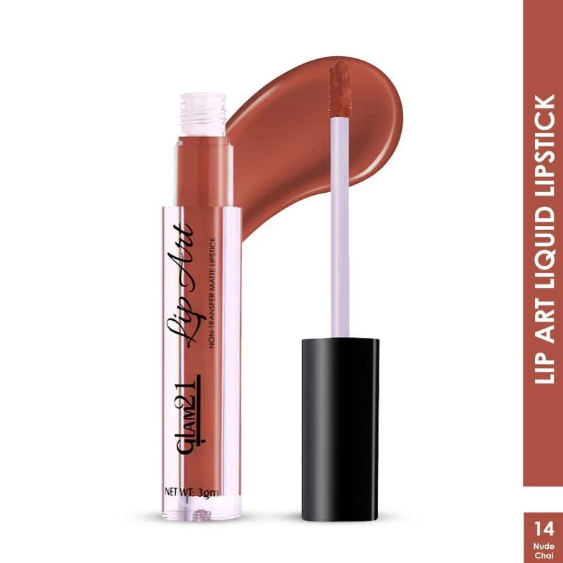 Glam21 Lip Art Non-Transfer Matte Liquid Lipstick | Lightweight, Long-Lasting | Waterproof &amp; Smudge-Proof Lip Colour | Intense Pigment | 3gm -Nude Chai-14 - Thumbnail 2