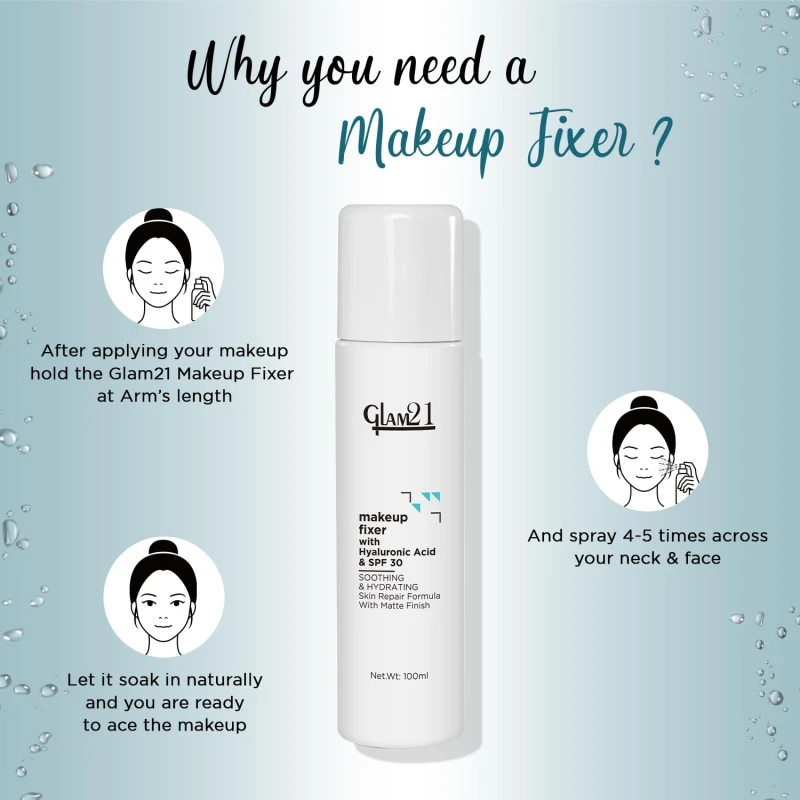 Glam21 Make-up Fixer Spray - Keeps Makeup Intact with a Sparkly Texture | Lightweight &amp; Long-lasting with Hyaluronic Acid &amp; SPF 30 | Flawless Look | Dermatologically Tested thumbnail 4