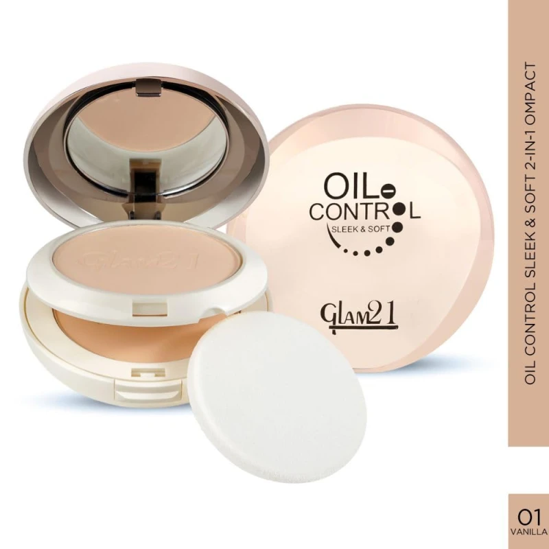 Glam21 Oil Control Sleek &amp; Soft 2-in-1 Compact Powder | Sweat &amp; Waterproof | Long-Lasting Matte Makeup | Enriched with Vitamins E &amp; C | Shine-Free Finish | 18gm, Vanila-01 - Thumbnail 2