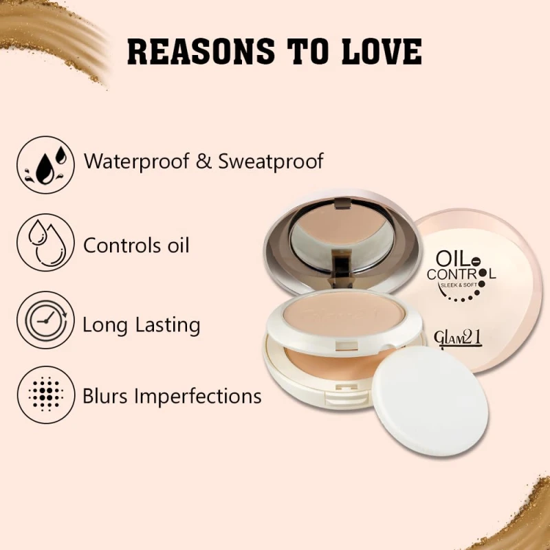 Glam21 Oil Control Sleek &amp; Soft 2-in-1 Compact Powder | Sweat &amp; Waterproof | Long-Lasting Matte Makeup | Enriched with Vitamins E &amp; C | Shine-Free Finish | 18gm, Vanila-01 - Thumbnail 3