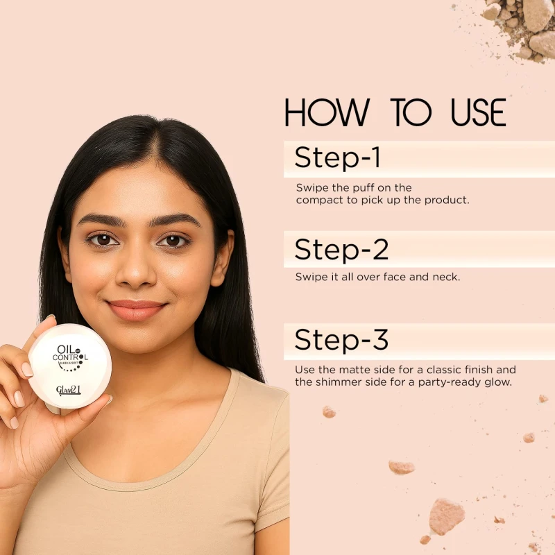 Glam21 Oil Control Sleek &amp; Soft 2-in-1 Compact Powder | Sweat &amp; Waterproof | Long-Lasting Matte Makeup | Enriched with Vitamins E &amp; C | Shine-Free Finish | 18gm, Vanila-01 - Thumbnail 5