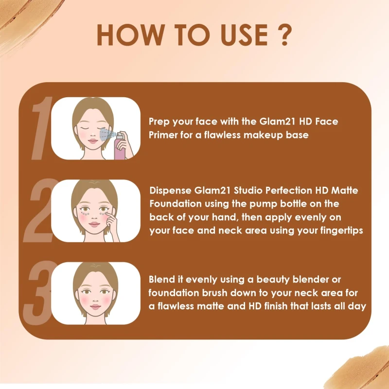 Glam21 Studio Perfection HD Matte Foundation - Matte Finish | Full Coverage Blendable | Long-Lasting Wear &amp; Waterproof | Hyaluronic Acid Infusion | Oil Control - For Normal Skin - Deep Sand 30ml thumbnail 4